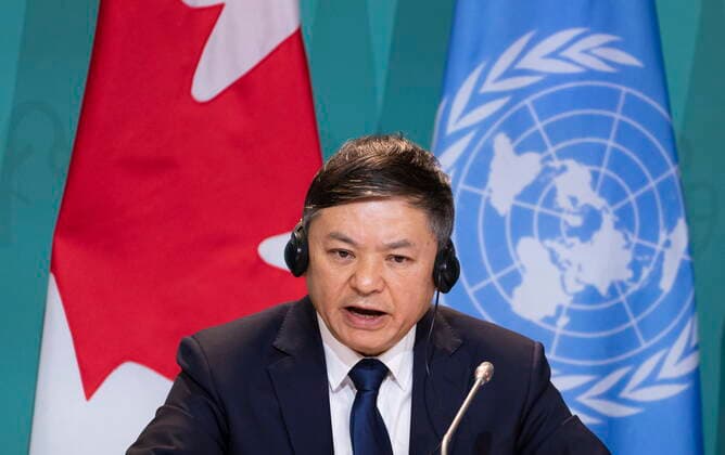 December 20, 2022, Montreal, PQ, Canada: Huang Runqiu, Minister of Ecology and Environment of China and president of the COP15, responds to a question during the closing news conference at the COP15 UN conference on biodiversity in Montreal, on Tuesday, December 20, 2022. Montreal Canada  - ZUMAc35_ 20221220_zaf_c35_015 Copyright: xPaulxChiassonx