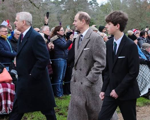 King Charles III, accompanied by Camilla Queen Consort and members of the extended Royal Family, attend the traditional Christmas Day morning service at St Mary Magdelene Church on the Sandringham estate in Norfolk Featuring Prince Andrew, Prince Edward, James, Viscount Severn Where King s Lynn, Norfolk, United Kingdom Wh