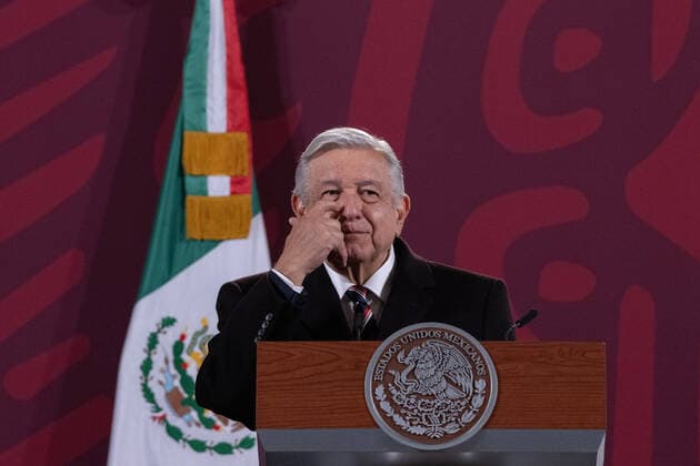 Mexican President Lopez Obrador Daily News Conference December 28, 2022. Mexico City, Mexico: This morning, Mexican President Andres Manuel Lopez Obrador gesticulates during his penultimate morning conference of the year. He spoke, about FOBAPROA, a debt that Mexicans have paid since 1998. On December 28, 2022 in Mexico City. (Photo by Alex Dalton Eyepix Group) Copyright: xAlexxDalton xEyepixxGroupx AD_28122022_84960