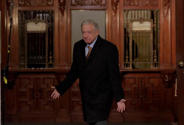 AndrÃ s Manuel Lopez Obrador, President Of Mexico, Holds His Last Mananera (press Conference) Of The Year 2022. He Will Continue With The Same Daily Dynamic Until The End Of His Mandate. Andres Manuel Lopez Obrador, President of Mexico, prior to his last mornings (press conference) number 1017 of the year 2022 at the National Palace in Mexico City. He will continue with the same daily dynamic until the end of his mandate. The Mexican president estimated that, for the rest of his six-year term, the country will grow at an annual rate of 3% in order for the country to recover from the fall generated by the pandemic. He also announced the upcoming inauguration of the Mexico-Toluca Interurban Train, 10 years after his predecessor, Enrique  Copyright: xGerardoxVieyrax originalFilename: vieyra-notitle221230_npkE0.jpg