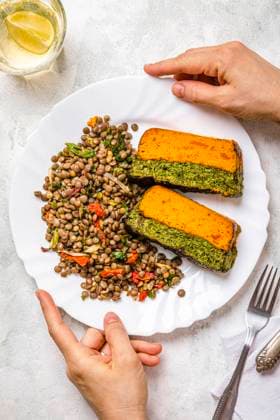Personal perspective of woman touching plate of carrot and spinach terrine with lentil salad model released, Symbolfoto, FLMF00866