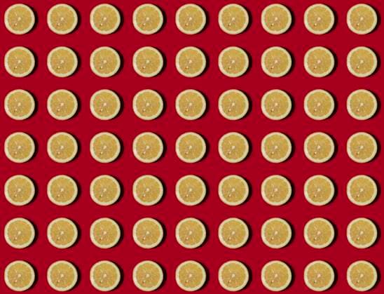 Pattern of halved lemons flat laid against red background, GIOF15643