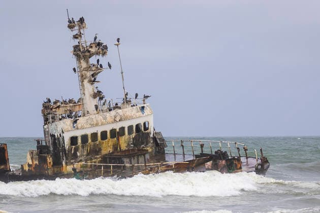Many cormorants sitting on abandoned shipwreck of stranded Zeila vessel at Skeleton Coast near Swakopmund in Namibia PacoFarero_ID10694_323943_098 Copyright: xPacoxFarerox Model Released