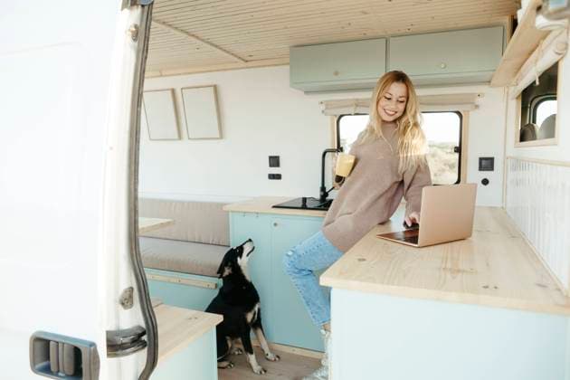 Happy young digital nomad using laptop with dog in motor home model released, Symbolfoto property released, RCPF01501