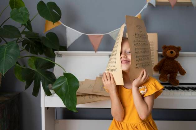 Smiling girl with face amidst musical sheets at home model released, Symbolfoto property released, SVKF00715