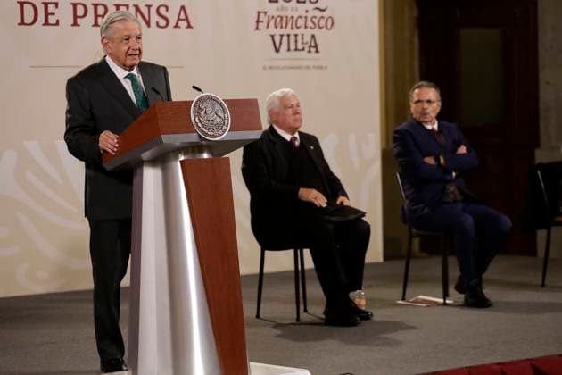 President of Mexico offers press conference before reporters January 4, 2023, Mexico City, Mexico: The President of Mexico, Andres Manuel Lopez Obrador with the heads of the Secretary of Agriculture, Victor Villalobos and of Mexican oil, Octavio Romero Oropeza at the press conference before reporters at the National Palace in the Mexico City. on January 4, 2023 in Mexico City, Mexico. (Photo by Luis Barron Eyepix Group). Copyright: xLuisxBarronx xEyepixxGroupx _MG_8862