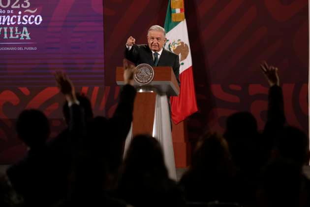 President of Mexico offers press conference before reporters January 4, 2023, Mexico City, Mexico: Mexican President Andres Manuel Lopez Obrador gives a press conference to reporters at the National Palace in Mexico City. on January 4, 2023 in Mexico City, Mexico. (Photo by Luis Barron Eyepix Group). Copyright: xLuisxBarronx xEyepixxGroupx _MG_9305