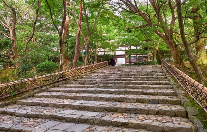 The stone steps leading to the main entrance of the Ryoan-ji temple. Kyoto. Japan The stone steps leading through the forest to the Kuri, the former temple kitchen, which now serves as the temple s main entrance of the Ryoan-ji temple (Temple of the Dragon at Peace). Kyoto. Japan Copyright: xZoonar.com SergxZastavkinx(SergeyxPristyazhnyuk)x 18076739