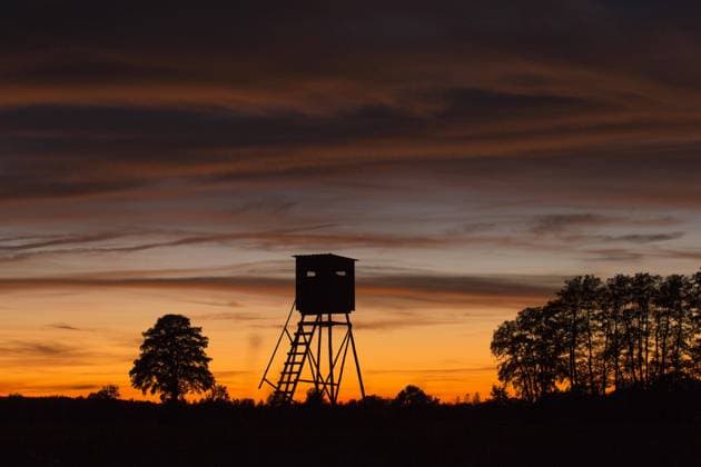 IMAGO Creative: Herbst, Lichtimpressionen Hochsitz auf einer Wiese, Feldsilhouette im Sonnenuntergang im Herbst *** High seat at a Meadow, field silhouette at Sunset at Autumn Copyright: imageBROKER/alimdix/xArterra ibltsm08888204.jpg