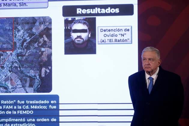 President of Mexico, report on the capture of drug trafficker Ovidio Guzman Lopez January 6, 2023, Mexico City, Mexico: Mexican President Andres Manuel Lopez Obrador at the report on the capture of drug trafficker Ovidio Guzman Lopez, son of Joaquin El Chapo Guzman Lopez, before reporters at the National Palace in Mexico City from Mexico. on January 6, 2023 in Mexico City, Mexico. (Photo by Luis Barron Eyepix Group). Copyright: xLuisxBarronx xEyepixxGroupx LB_20230106_AMLO_NARCO15