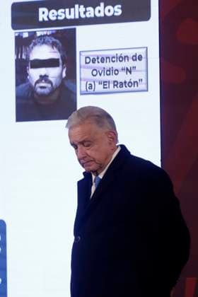 President of Mexico, report on the capture of drug trafficker Ovidio Guzman Lopez January 6, 2023, Mexico City, Mexico: Mexican President Andres Manuel Lopez Obrador at the report on the capture of drug trafficker Ovidio Guzman Lopez, son of Joaquin El Chapo Guzman Lopez, before reporters at the National Palace in Mexico City from Mexico. on January 6, 2023 in Mexico City, Mexico. (Photo by Luis Barron Eyepix Group). Copyright: xLuisxBarronx xEyepixxGroupx LB_20230106_AMLO_NARCO17