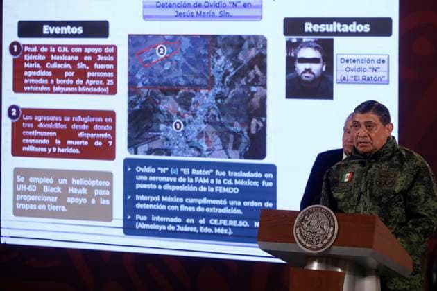 President of Mexico, report on the capture of drug trafficker Ovidio Guzman Lopez January 6, 2023, Mexico City, Mexico: Mexican President Andres Manuel Lopez Obrador and Secretary of National Defense Luis Crescencio Sandoval at the report on the capture of drug trafficker Ovidio Guzman Lopez, son of Joaquin El Chapo Guzman Lopez, before reporters at the National Palace in Mexico City. on January 6, 2023 in Mexico City, Mexico. (Photo by Luis Barron Eyepix Group). Copyright: xLuisxBarronx xEyepixxGroupx LB_20230106_AMLO_NARCO21