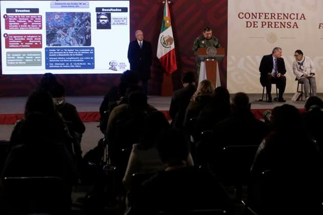 President of Mexico, report on the capture of drug trafficker Ovidio Guzman Lopez January 6, 2023, Mexico City, Mexico: Mexican President Andres Manuel Lopez Obrador and Secretary of National Defense Luis Crescencio Sandoval at the report on the capture of drug trafficker Ovidio Guzman Lopez, son of Joaquin El Chapo Guzman Lopez, before reporters at the National Palace in Mexico City. on January 6, 2023 in Mexico City, Mexico. (Photo by Luis Barron Eyepix Group). Copyright: xLuisxBarronx xEyepixxGroupx LB_20230106_AMLO_NARCO22