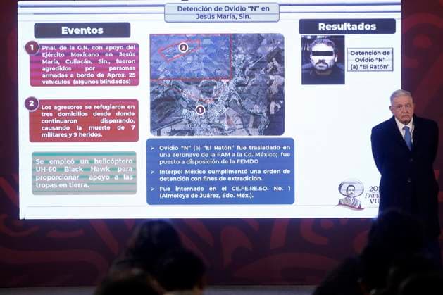 President of Mexico, report on the capture of drug trafficker Ovidio Guzman Lopez January 6, 2023, Mexico City, Mexico: Mexican President Andres Manuel Lopez Obrador at the report on the capture of drug trafficker Ovidio Guzman Lopez, son of Joaquin El Chapo Guzman Lopez, before reporters at the National Palace in Mexico City from Mexico. on January 6, 2023 in Mexico City, Mexico. (Photo by Luis Barron Eyepix Group). Copyright: xLuisxBarronx xEyepixxGroupx LB_20230106_AMLO_NARCO23
