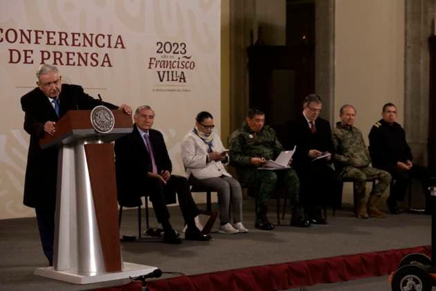 President of Mexico, report on the capture of drug trafficker Ovidio Guzman Lopez January 6, 2023, Mexico City, Mexico: Mexican President Andres Manuel Lopez Obrador at the report on the capture of drug trafficker Ovidio Guzman Lopez, son of Joaquin El Chapo Guzman Lopez, before reporters at the National Palace in Mexico City from Mexico. on January 6, 2023 in Mexico City, Mexico. (Photo by Luis Barron Eyepix Group). Copyright: xLuisxBarronx xEyepixxGroupx LB_20230106_AMLO_NARCO27