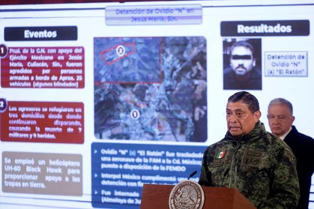 January 6, 2023, Mexico City, Mexico: Mexican President Andres Manuel Lopez Obrador and Secretary of National Defense Luis Crescencio Sandoval at the report on the capture of drug trafficker Ovidio Guzman Lopez, son of Joaquin El Chapo Guzman Lopez, before reporters at the National Palace in Mexico City. on January 6, 2023 in Mexico City, Mexico. Mexico City Mexico - ZUMAe321 20230106_zia_e321_067 Copyright: xLuisxBarronx