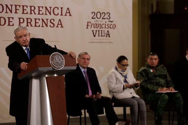 President of Mexico, report on the capture of drug trafficker Ovidio Guzman Lopez January 6, 2023, Mexico City, Mexico: Mexican President Andres Manuel Lopez Obrador at the report on the capture of drug trafficker Ovidio Guzman Lopez, son of Joaquin El Chapo Guzman Lopez, before reporters at the National Palace in Mexico City from Mexico. on January 6, 2023 in Mexico City, Mexico. (Photo by Luis Barron Eyepix Group). Copyright: xLuisxBarronx xEyepixxGroupx LB_20230106_AMLO_NARCO28