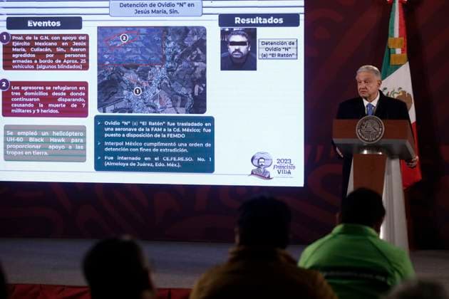 News Bilder des Tages President of Mexico, report on the capture of drug trafficker Ovidio Guzman Lopez January 6, 2023, Mexico City, Mexico: Mexican President Andres Manuel Lopez Obrador at the report on the capture of drug trafficker Ovidio Guzman Lopez, son of Joaquin El Chapo Guzman Lopez, before reporters at the National Palace in Mexico City from Mexico. on January 6, 2023 in Mexico City, Mexico. (Photo by Luis Barron Eyepix Group). Copyright: xLuisxBarronx xEyepixxGroupx LB_20230106_AMLO_NARCO29
