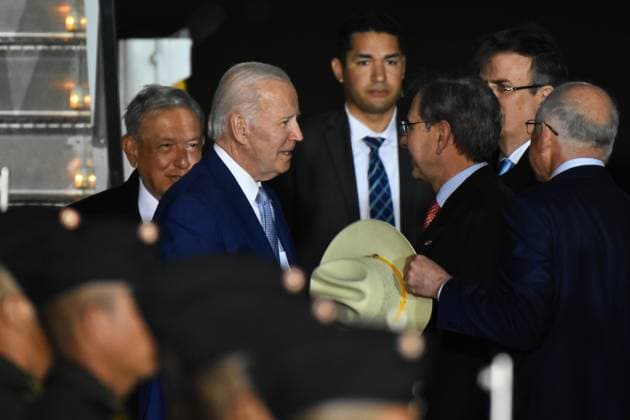 January 8, 2022, Mexico City, Mexico:Mexico s President, Andres Manuel Lopez Obrador and Foreign Affairs Minister, Marcelo Ebrard give welcoming to US President Joe Biden at the Santa Lucia Airport (Felipe Angeles) on the occasion of the 10th North American Leaders Summit. on January 8, 2022 in Mexico City, Mexico. ( Carlos Tischler Eyepx Group) Eyepix Group Mexico City Mexico - ZUMAe321 20230109_zia_e321_079 Copyright: x<authorx