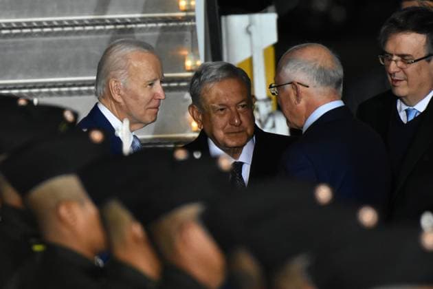 January 8, 2022, Mexico City, Mexico:Mexico s President, Andres Manuel Lopez Obrador and Foreign Affairs Minister, Marcelo Ebrard give welcoming to US President Joe Biden at the Santa Lucia Airport (Felipe Angeles) on the occasion of the 10th North American Leaders Summit. on January 8, 2022 in Mexico City, Mexico. ( Carlos Tischler Eyepx Group) Eyepix Group Mexico City Mexico - ZUMAe321 20230109_zia_e321_085 Copyright: x<authorx