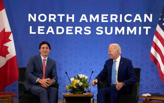 January 10, 2023, Mexico City, MEX: Prime Minister Justin Trudeau meets with U.S. President Joe Biden at the InterContinental Presidente Mexico City hotel in Mexico City, Tuesday, Jan. 10, 2023. Mexico City MEX  - ZUMAc35_ 20230110_zaf_c35_019 Copyright: xAdrianxWyldx