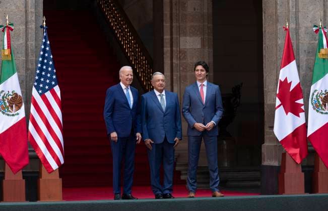 January 10, 2023, Mexico City, Mexico: Mexican President Andres Manuel Lopez Obrador poses with United States President Joe Biden and Prime Minister Justin Trudeau for an official photo at the North American Leaders Summit Tuesday, January 10, 2023 in Mexico City, Mexico. Mexico City Mexico  - ZUMAc35_ 20230110_zaf_c35_033 Copyright: xAdrianxWyldx