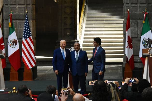 10th Summit Of Leaders of North America In Mexico Press Conference January 10, 2023, Mexico City Mexico: Mexicos President Andres Manuel Lopez Obrador, Prime Minister of Canada Justin Trudeau an US Presiden Joe Biden during a press conference after 10th Summit Leaders of North America at National Palace. on January 10, 2023 in Mexico City, Mexico. (Photo by Carlos Tischler Eyepix Group) Copyright: xCarlosxTischler xEyepixxGroupx CT_10012022_3
