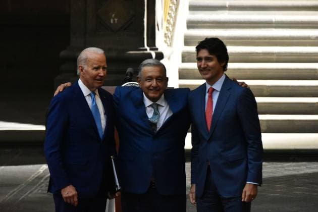 10th Summit Of Leaders of North America In Mexico Press Conference January 10, 2023, Mexico City Mexico: Mexicos President Andres Manuel Lopez Obrador, Prime Minister of Canada Justin Trudeau an US Presiden Joe Biden during a press conference after 10th Summit Leaders of North America at National Palace. on January 10, 2023 in Mexico City, Mexico. (Photo by Carlos Tischler Eyepix Group) Copyright: xCarlosxTischler xEyepixxGroupx CT_10012022_6