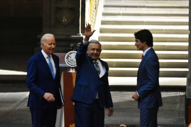 10th Summit Of Leaders of North America In Mexico Press Conference January 10, 2023, Mexico City Mexico: Mexicos President Andres Manuel Lopez Obrador, Prime Minister of Canada Justin Trudeau an US Presiden Joe Biden during a press conference after 10th Summit Leaders of North America at National Palace. on January 10, 2023 in Mexico City, Mexico. (Photo by Carlos Tischler Eyepix Group) Copyright: xCarlosxTischler xEyepixxGroupx CT_10012022_7