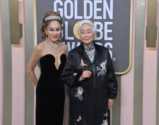 (L-R) Lucia Hwong and Lisa Lu arrive for the 80th annual Golden Globe Awards at the Beverly Hilton in Beverly Hills, California on Tuesday, January 10, 2023.  LAP20230110195 JIMxRUYMEN