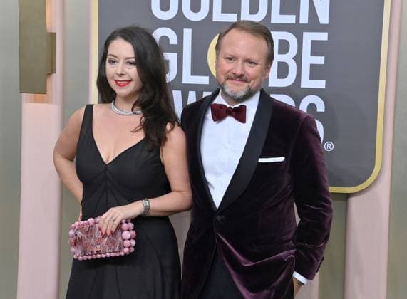(L-R) Karina Longworth and Rian Johnson arrive for the 80th annual Golden Globe Awards at the Beverly Hilton in Beverly Hills, California on Tuesday, January 10, 2023.  LAP20230110179 JIMxRUYMEN
