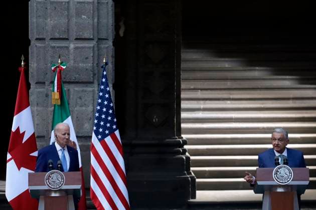 Tenth Summit of North American Leaders in Mexico January 10, 2023, Mexico City, Mexico: The presidents of Mexico, AndrÃ s Manuel Lopez Obrador, and of the United States, Joe Biden during the joint press conference at the end of the X Summit of North American Leaders, at the National Palace in the city from Mexico. on January 10, 2023 in Mexico City, Mexico. (Photo by Luis Barron Eyepix Group). Copyright: xLuisxBarronx xEyepixxGroupx _MG_8537