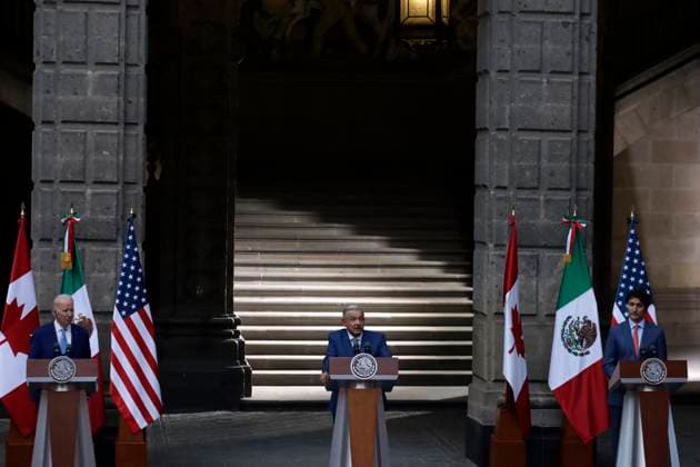 Tenth Summit of North American Leaders in Mexico January 10, 2023, Mexico City, Mexico: The presidents of Mexico, Andres Manuel Lopez Obrador; of the United States, Joe Biden and the Prime Minister of Canada, Justin Trudeau during the joint press conference at the end of the X Summit of North American Leaders, at the National Palace in Mexico City. on January 10, 2023 in Mexico City, Mexico. (Photo by Luis Barron Eyepix Group). Copyright: xLuisxBarronx xEyepixxGroupx _MG_8596
