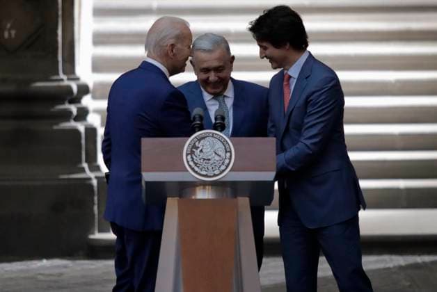 Message To The Media On The Occasion Of The X North American Leaders Summit Joe Biden, President of the United States; Andres Manuel Lopez Obrador, President of Mexico; and Justin Trudeau, Prime Minister of Canada, are saying goodbye at the National Palace in Mexico City, on January 10, 2023, on the occasion of their meeting at the 10th North American Leaders Summit, where they have discussed migration, economic and drug trafficking issues. Mexico City Mexico  Copyright: xGerardoxVieyrax originalFilename: vieyra-notitle230110_np41x.jpg