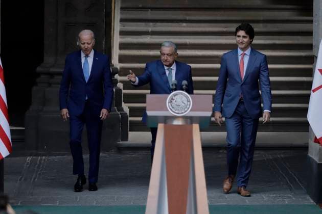 Message To The Media On The Occasion Of The X North American Leaders Summit Joe Biden, President of the United States; Andres Manuel Lopez Obrador, President of Mexico; and Justin Trudeau, Prime Minister of Canada, are standing from left to right at the National Palace in Mexico City, on January 10, 2023, prior to delivering a message to the media on the occasion of their meeting at the 10th North American Leaders Summit. They are discussing migration, economic and drug trafficking issues. Mexico City Mexico  Copyright: xGerardoxVieyrax originalFilename: vieyra-notitle230110_npDTA.jpg