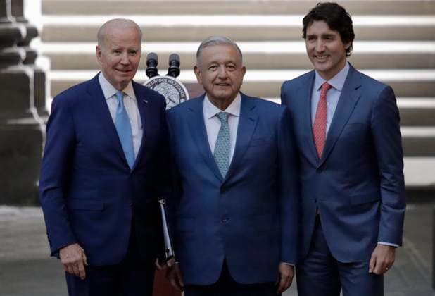 Message To The Media On The Occasion Of The X North American Leaders Summit Joe Biden, President of the United States; Andres Manuel Lopez Obrador, President of Mexico; and Justin Trudeau, Prime Minister of Canada, are saying goodbye at the National Palace in Mexico City, on January 10, 2023, posing for an official photograph at the end of a message to the media on the occasion of their meeting at the 10th North American Leaders Summit, where they are discussing migration, economic and drug trafficking issues. Mexico City Mexico  Copyright: xGerardoxVieyrax originalFilename: vieyra-notitle230110_npsd9.jpg