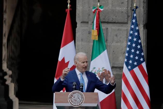 Message To The Media On The Occasion Of The X North American Leaders Summit Joe Biden, President of the United States, is delivering a message to the media at the National Palace in Mexico City, on January 10, 2023, on the occasion of his meeting with Andres Manuel Lopez Obrador, President of Mexico, and Justin Trudeau, Prime Minister of Canada, at the 10th North American Leaders Summit. They are discussing migration, economic, and drug trafficking issues. Mexico City Mexico Copyright: xGerardoxVieyrax originalFilename: vieyra-notitle230110_npRSS.jpg