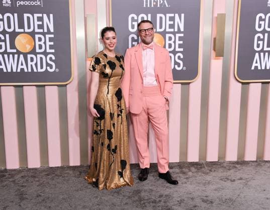 January 10, 2023, Los Angeles, California, United States: Lauren Miller, left, and Seth Rogen attends the 80th Annual Golden Globe Awards, Arrivals held at The Beverly Hilton in Los Angeles on Jan 10, 2023. Los Angeles United States  - ZUMAc35_ 20230110_zaf_c35_148 Copyright: xGeorgexPimentelx