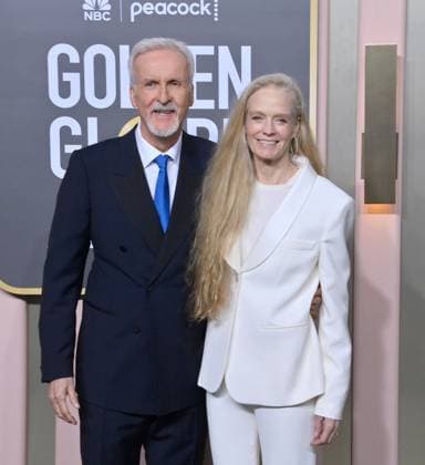 (L-R) James Cameron and Suzy Amis Cameron arrive for the 80th annual Golden Globe Awards at the Beverly Hilton in Beverly Hills, California on Tuesday, January 10, 2023.  LAP20230110391 JIMxRUYMEN