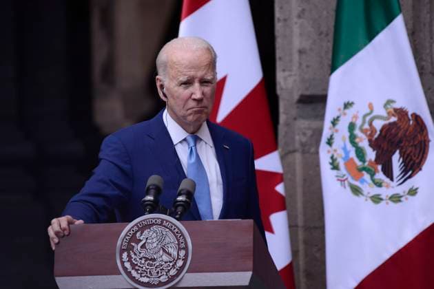 North American Leaders Summit News Conference January 10, 2023, Mexico City, Mexico: United States President, Joe Biden speaks during a briefing conference after meeting with Lopez Obrador and Justin Trudeau at 10th North American Leaders Summit in Mexico at National Palace on January 10, 2023 in Mexico City, Mexico. (Photo by Carlos Tischler Eyepix Group) Copyright: xCarlosxTischler xEyepixxGroupx CT_10012023_85863