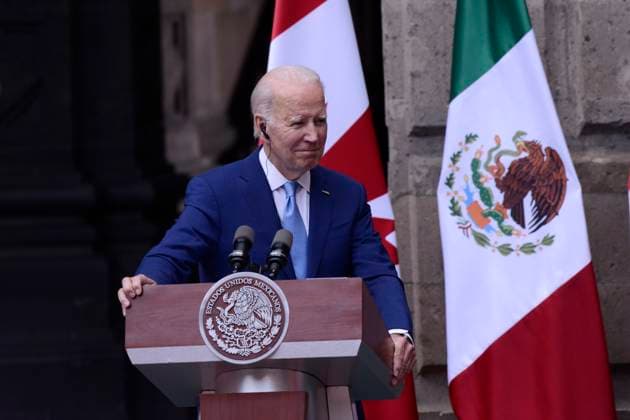North American Leaders Summit News Conference January 10, 2023, Mexico City, Mexico: United States President, Joe Biden speaks during a briefing conference after meeting with Lopez Obrador and Justin Trudeau at 10th North American Leaders Summit in Mexico at National Palace on January 10, 2023 in Mexico City, Mexico. (Photo by Carlos Tischler Eyepix Group) Copyright: xCarlosxTischler xEyepixxGroupx CT_10012023_85865