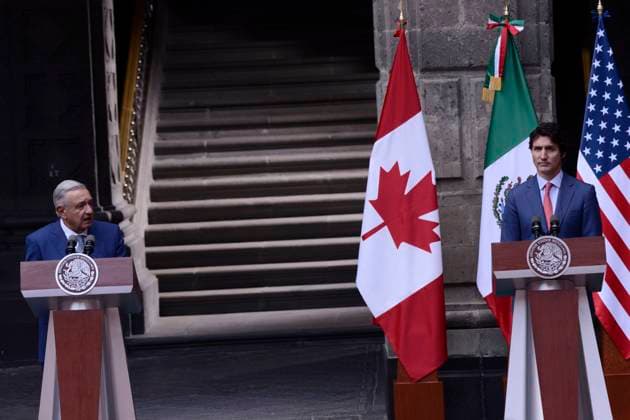 North American Leaders Summit News Conference January 10, 2023, Mexico City, Mexico: Mexico™s President Andres Manuel Lopez Obrador and Prime Minister of Canada Justin Trudeau speaks during a briefing conference after meeting President Joe Biden at 10th North American Leaders Summit in Mexico at National Palace on January 10, 2023 in Mexico City, Mexico. (Photo by Carlos Tischler Eyepix Group) Copyright: xCarlosxTischler xEyepixxGroupx CT_10012023_85870