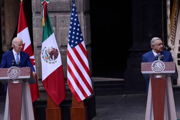 North American Leaders Summit News Conference January 10, 2023, Mexico City, Mexico: United States President, Joe Biden and Mexico™s President Andres Manuel Lopez Obrador speak during a briefing conference after meeting with Justin Trudeau at 10th North American Leaders Summit in Mexico at National Palace on January 10, 2023 in Mexico City, Mexico. (Photo by Carlos Tischler Eyepix Group) Copyright: xCarlosxTischler xEyepixxGroupx CT_10012023_85871