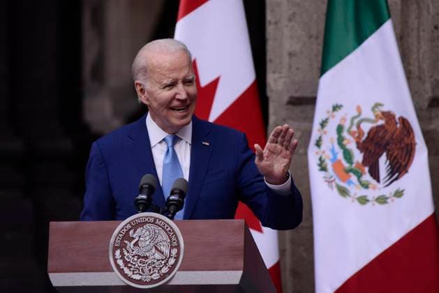 North American Leaders Summit News Conference January 10, 2023, Mexico City, Mexico: United States President, Joe Biden speaks during a briefing conference after meeting with Lopez Obrador and Justin Trudeau at 10th North American Leaders Summit in Mexico at National Palace on January 10, 2023 in Mexico City, Mexico. (Photo by Carlos Tischler Eyepix Group) Copyright: xCarlosxTischler xEyepixxGroupx CT_10012023_85879