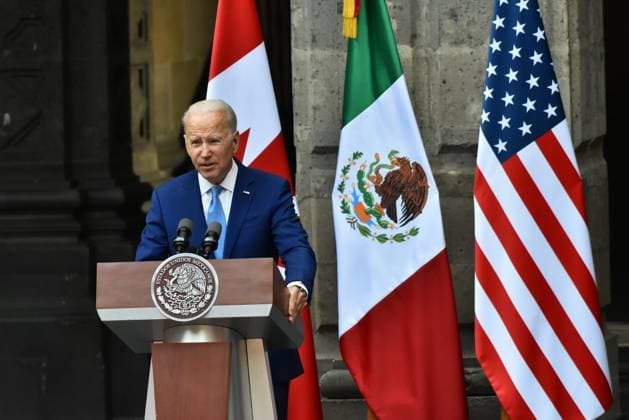 North American Leaders Summit News Conference January 10, 2023, Mexico City, Mexico: United States President, Joe Biden speaks during a briefing conference after meeting with Lopez Obrador and Justin Trudeau at 10th North American Leaders Summit in Mexico at National Palace on January 10, 2023 in Mexico City, Mexico. (Photo by Carlos Tischler Eyepix Group) Copyright: xCarlosxTischler xEyepixxGroupx CT_10012023_85889