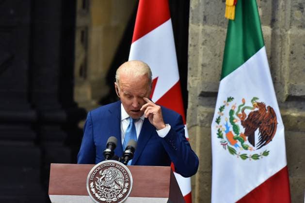 North American Leaders Summit News Conference January 10, 2023, Mexico City, Mexico: United States President, Joe Biden speaks during a briefing conference after meeting with Lopez Obrador and Justin Trudeau at 10th North American Leaders Summit in Mexico at National Palace on January 10, 2023 in Mexico City, Mexico. (Photo by Carlos Tischler Eyepix Group) Copyright: xCarlosxTischler xEyepixxGroupx CT_10012023_85898