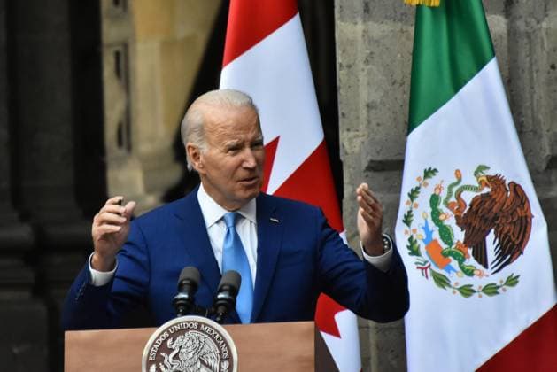 North American Leaders Summit News Conference January 10, 2023, Mexico City, Mexico: United States President, Joe Biden speaks during a briefing conference after meeting with Lopez Obrador and Justin Trudeau at 10th North American Leaders Summit in Mexico at National Palace on January 10, 2023 in Mexico City, Mexico. (Photo by Carlos Tischler Eyepix Group) Copyright: xCarlosxTischler xEyepixxGroupx CT_10012023_85920