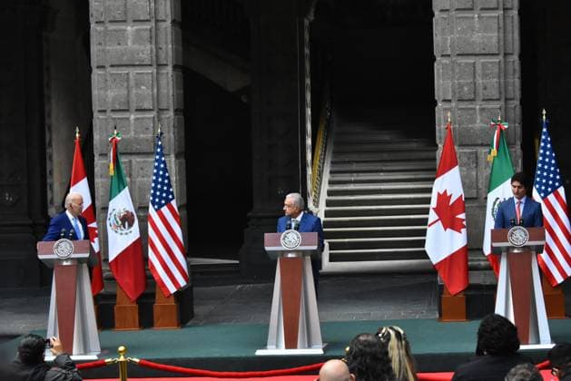 North American Leaders Summit News Conference January 10, 2023, Mexico City, Mexico: United States President, Joe Biden, Mexico™s President Andres Manuel Lopez Obrador and Canadian Prime Minister Justin Trudeau speak during a briefing conference after meeting at 10th North American Leaders Summit in Mexico at National Palace on January 10, 2023 in Mexico City, Mexico. (Photo by Carlos Tischler Eyepix Group) Copyright: xCarlosxTischler xEyepixxGroupx CT_10012023_85922