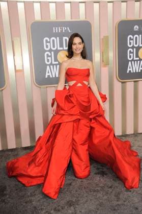 Lily James at arrivals for 80th Annual Golden Globe Awards - Arrivals, Beverly Hilton Hotel, Beverly Hills, CA January 10, 2023. Photo By: Elizabeth Goodenough Everett Collection at arrivals for 80th Annual Golden Globe Awards - Arrivals, Beverly Hilton Hotel, Beverly Hills, CA January 10, 2023. Photo By: Elizabeth Goodenough Everett Collection PUBLICATIONXNOTxINxCANxCHNxFRAxITAxJPNxNORxPOLxRUSxESPxUKxUSA