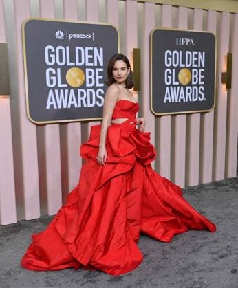 Lily James arrives for the 80th annual Golden Globe Awards at the Beverly Hilton in Beverly Hills, California on Tuesday, January 10, 2023.  LAP20230110598 JIMxRUYMEN